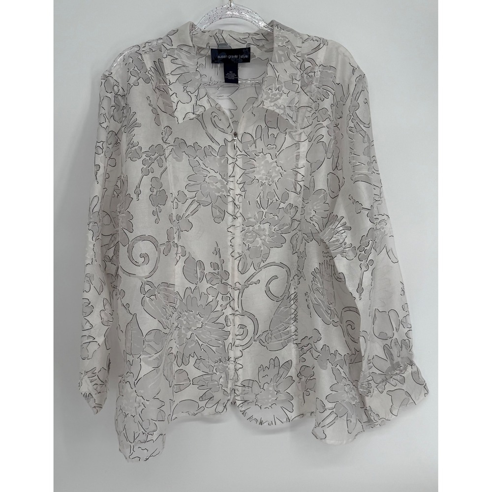Susan Graver Style White Grey Floral Burnout Zip Front Blouse Jacket‎ Sz 3X